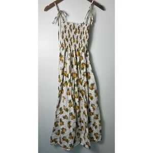 Hawaii Station Pineapple Print Smocked Cotton Midi Dress White Yellow One Size